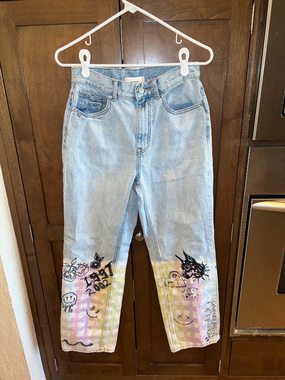 BDG Urban Outfitters Pastel Checkered Cowboy Jeans Sz 27 Custom Doodled Y2K